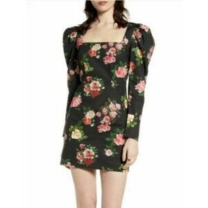 NA-KD Puff Shoulder Mini Dress Size 8 Floral Cotton Blend Black Multi EUC B58